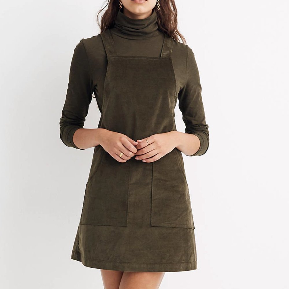NWT Madewell Velveteen Jumper Dress in Dark Olive
